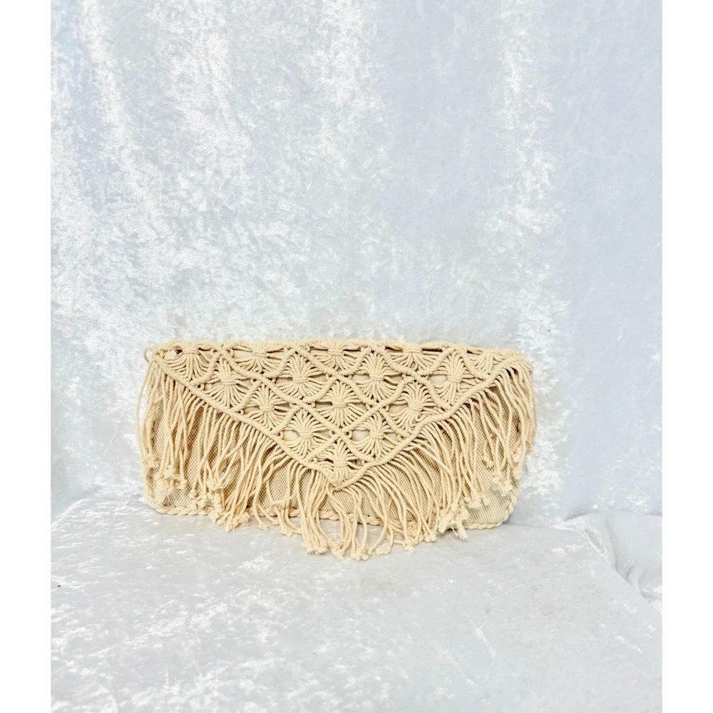 American Eagle Outfitters Cream Macrame Fringe Boho Clutch Bag Neutral Woven New